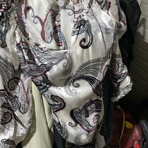 White House Black Market Paisley Satin Blouse in White, Black & Burgundy